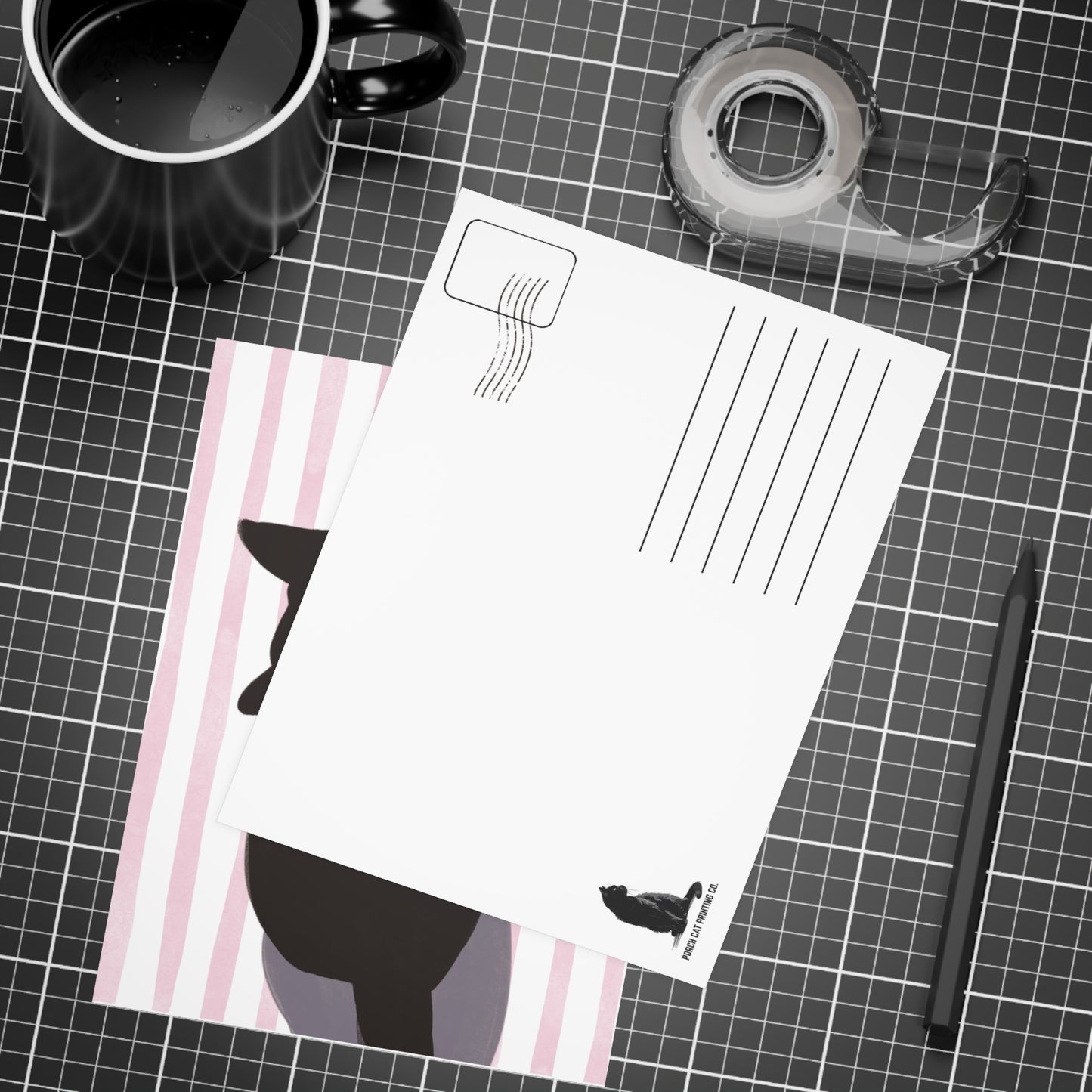 Black Cat Watercolor Pink Stripes Postcard Bundles (envelopes included)