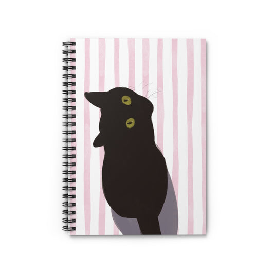 Black Cat Notebook — Spiral Ruled Journal with Pink Stripes