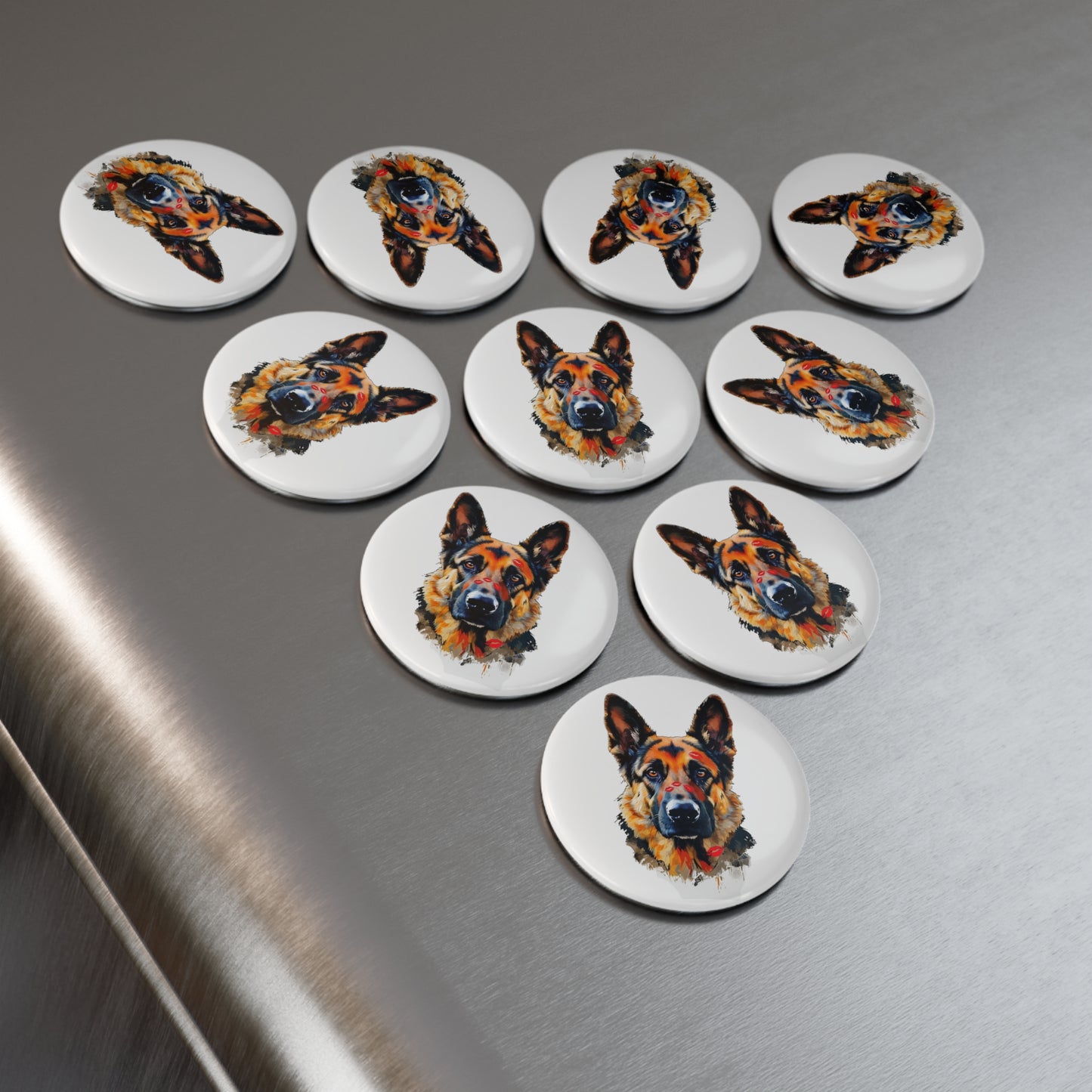 German Shepherd Love Round Button Magnet — Cute Kissed Spaniel Fridge Magnet