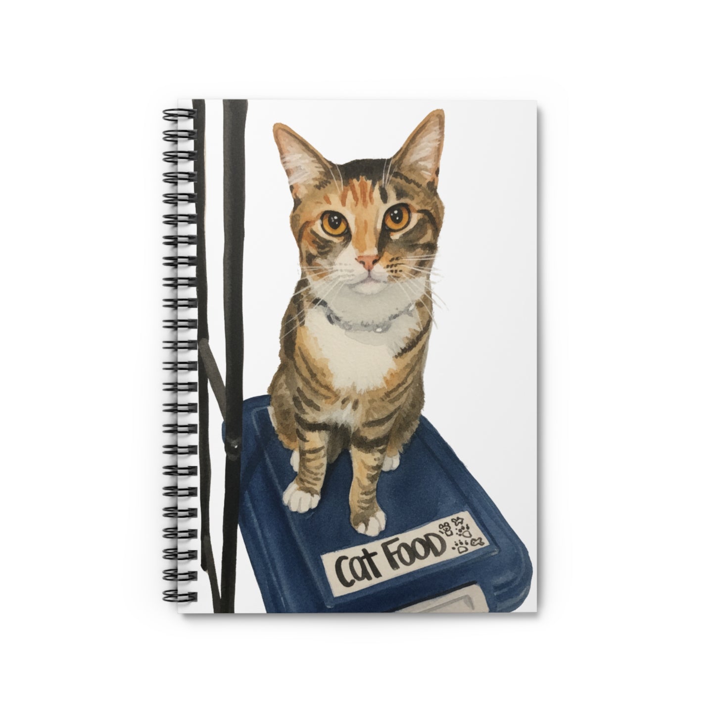 Cat on Food Container Spiral Notebook — Cute Tabby Calico Cat Journal, Gift for Cat Lovers