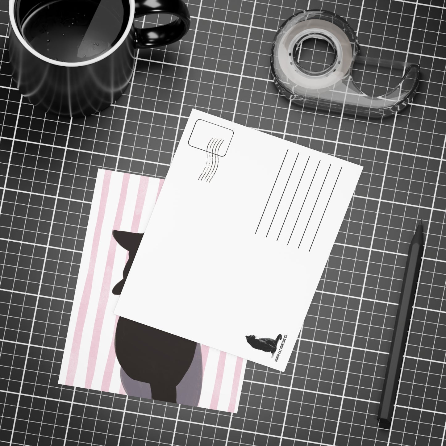 Black Cat Watercolor Pink Stripes Postcard Bundles (envelopes included)