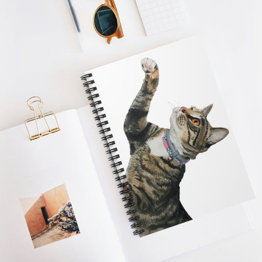 Cat Pawing Notebook — Playful Calico Tabby Cat Spiral Ruled Journal