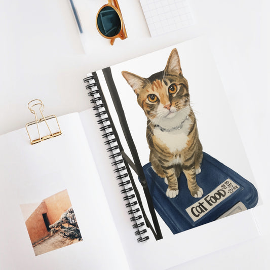 Cat on Food Container Spiral Notebook — Cute Tabby Calico Cat Journal, Gift for Cat Lovers