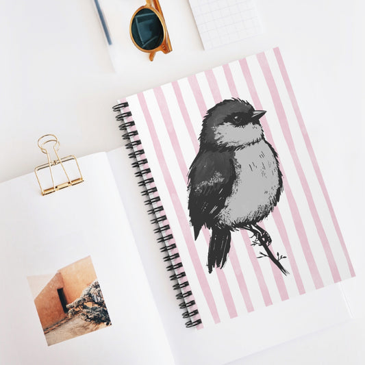 Chickadee Sketch Spiral Notebook — Pink Striped Ruled Journal