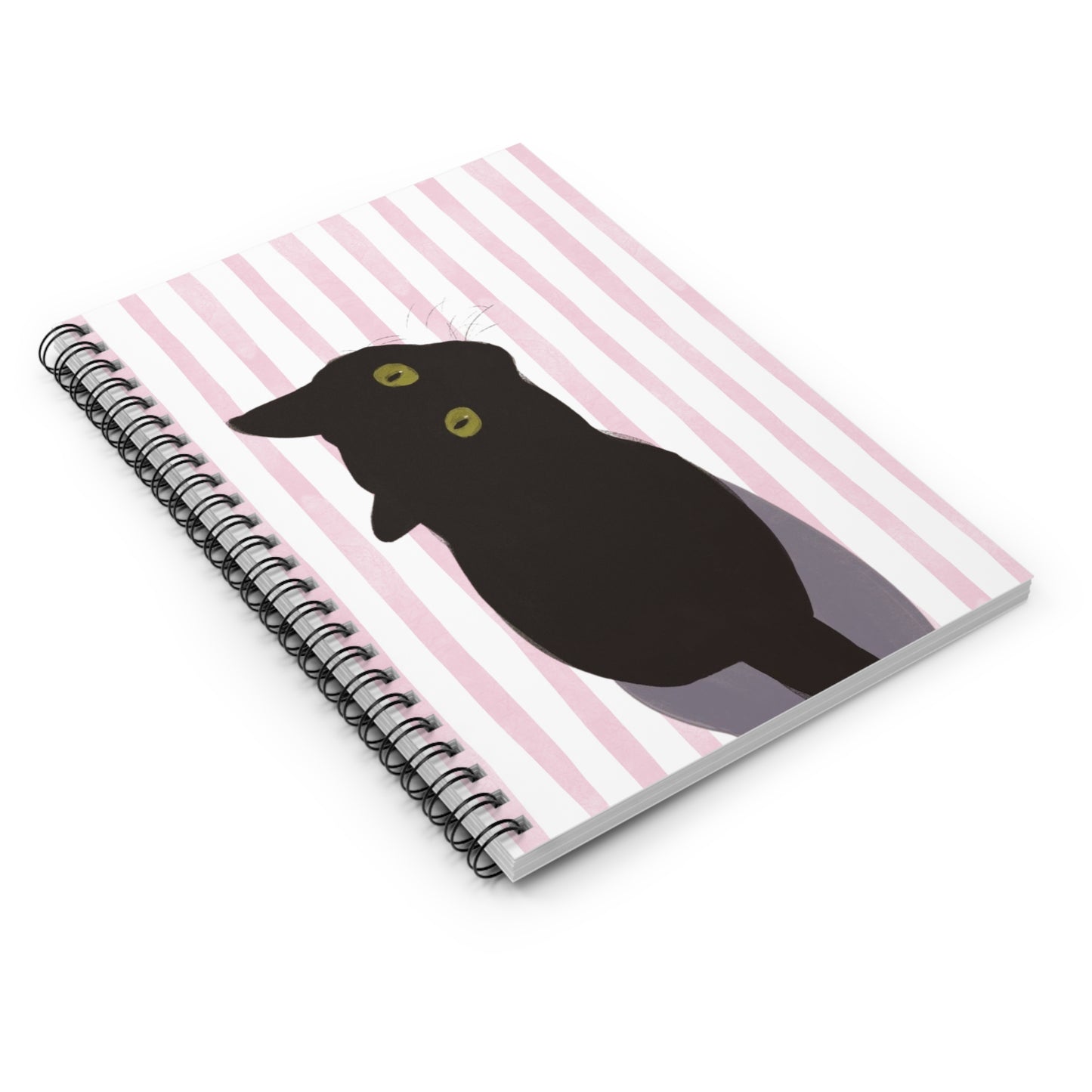 Black Cat Notebook — Spiral Ruled Journal with Pink Stripes