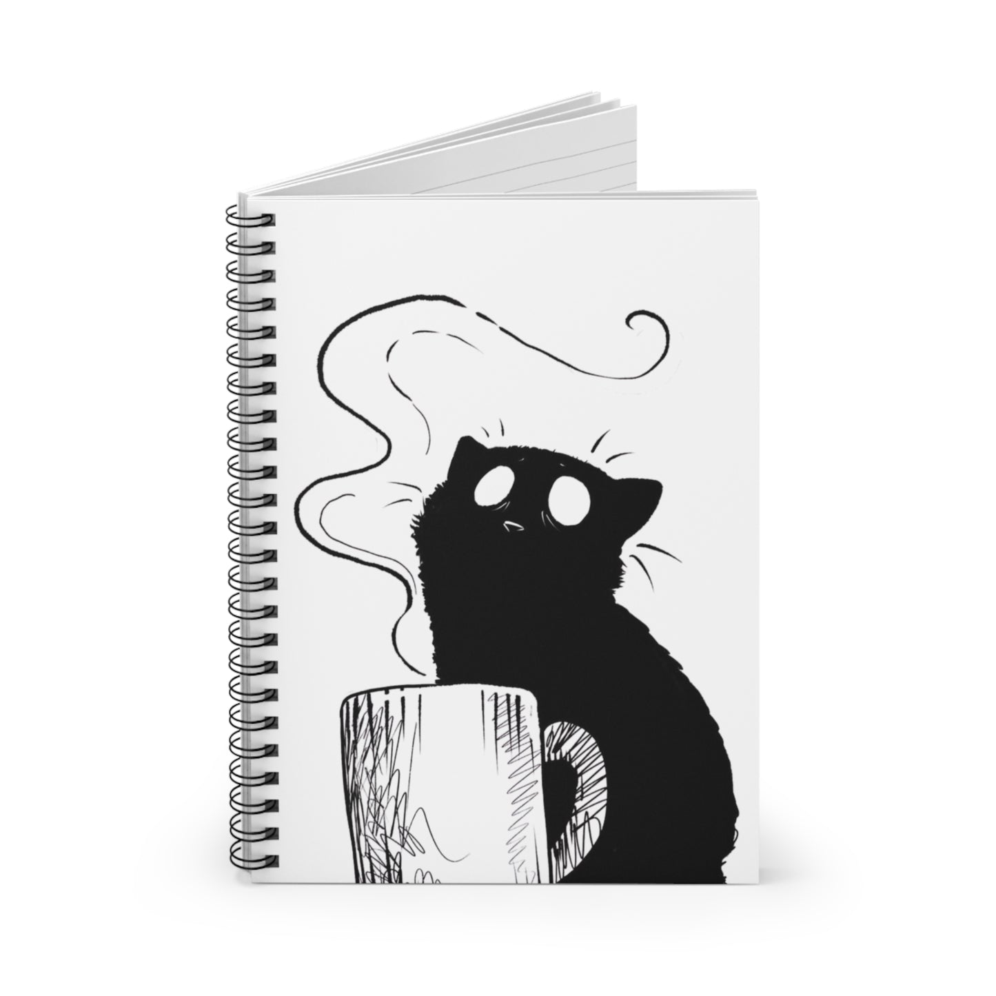 Cat Needs Coffee Spiral Notebook — Cute Black Cat Illustration Ruled Journal