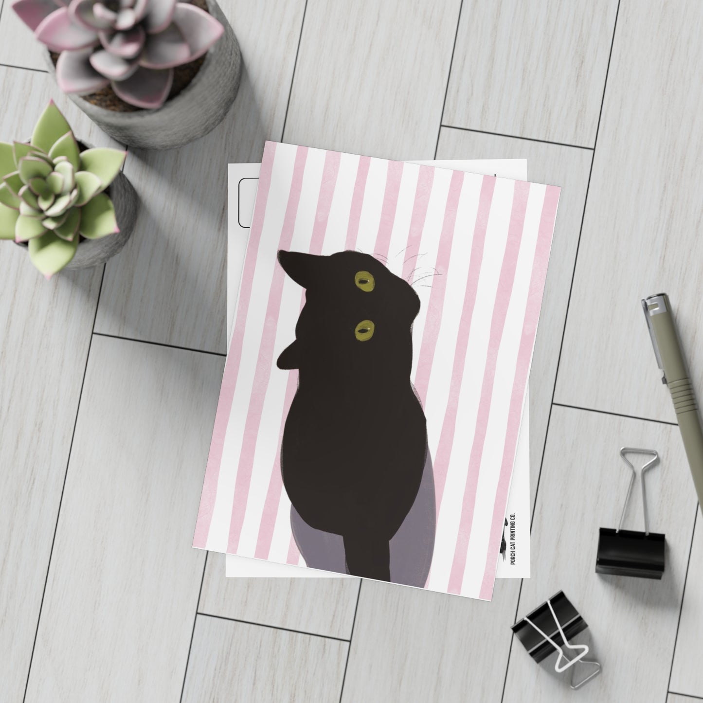 Black Cat Watercolor Pink Stripes Postcard Bundles (envelopes included)