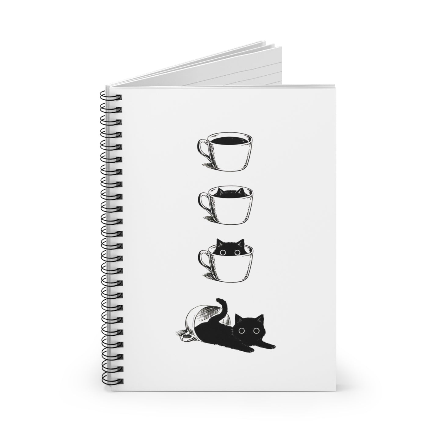 Cat and Coffee Spiral Notebook — Cute Black Cat in Coffee Cups, Ruled Journal
