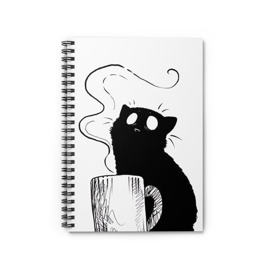 Cat Needs Coffee Spiral Notebook — Cute Black Cat Illustration Ruled Journal
