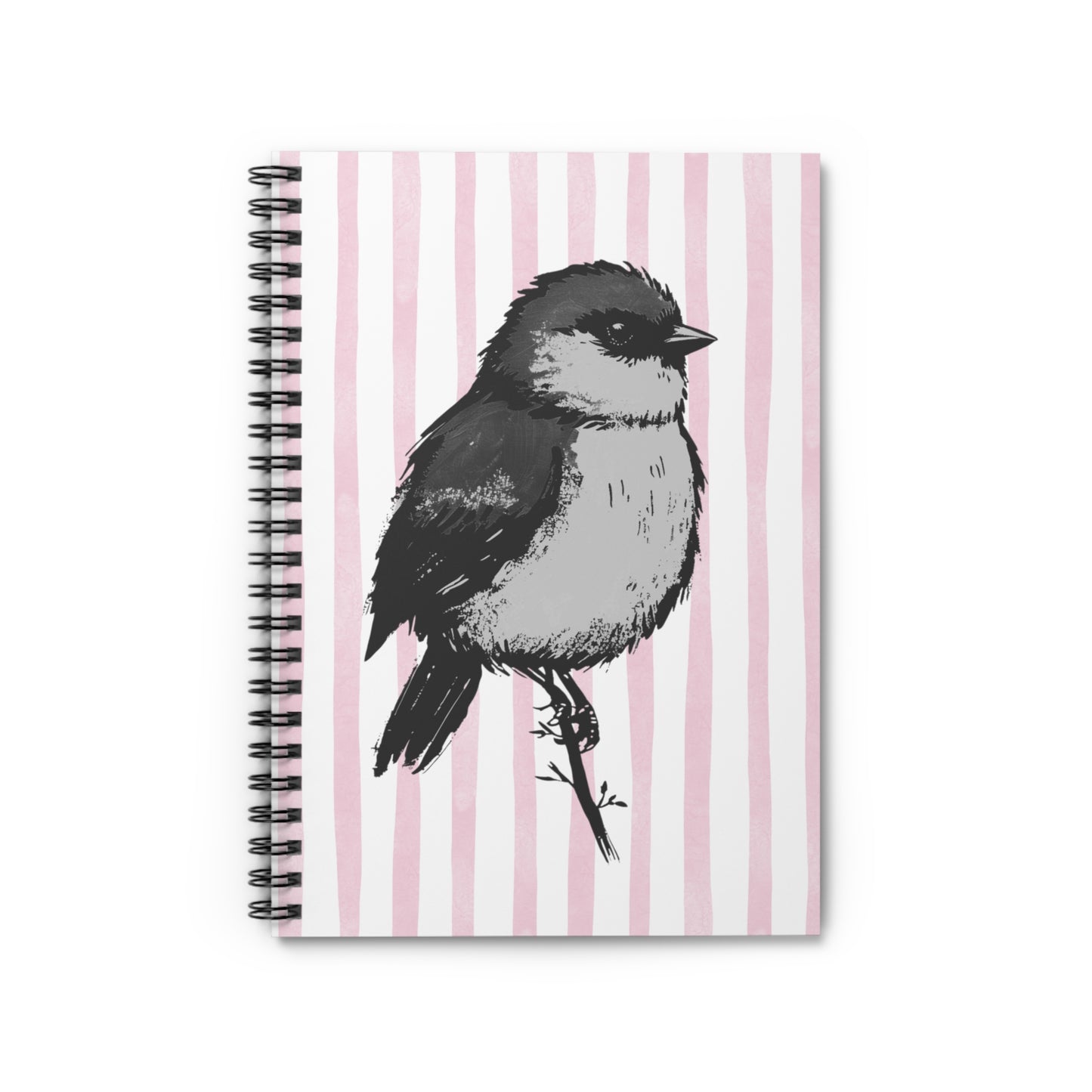 Chickadee Sketch Spiral Notebook — Pink Striped Ruled Journal