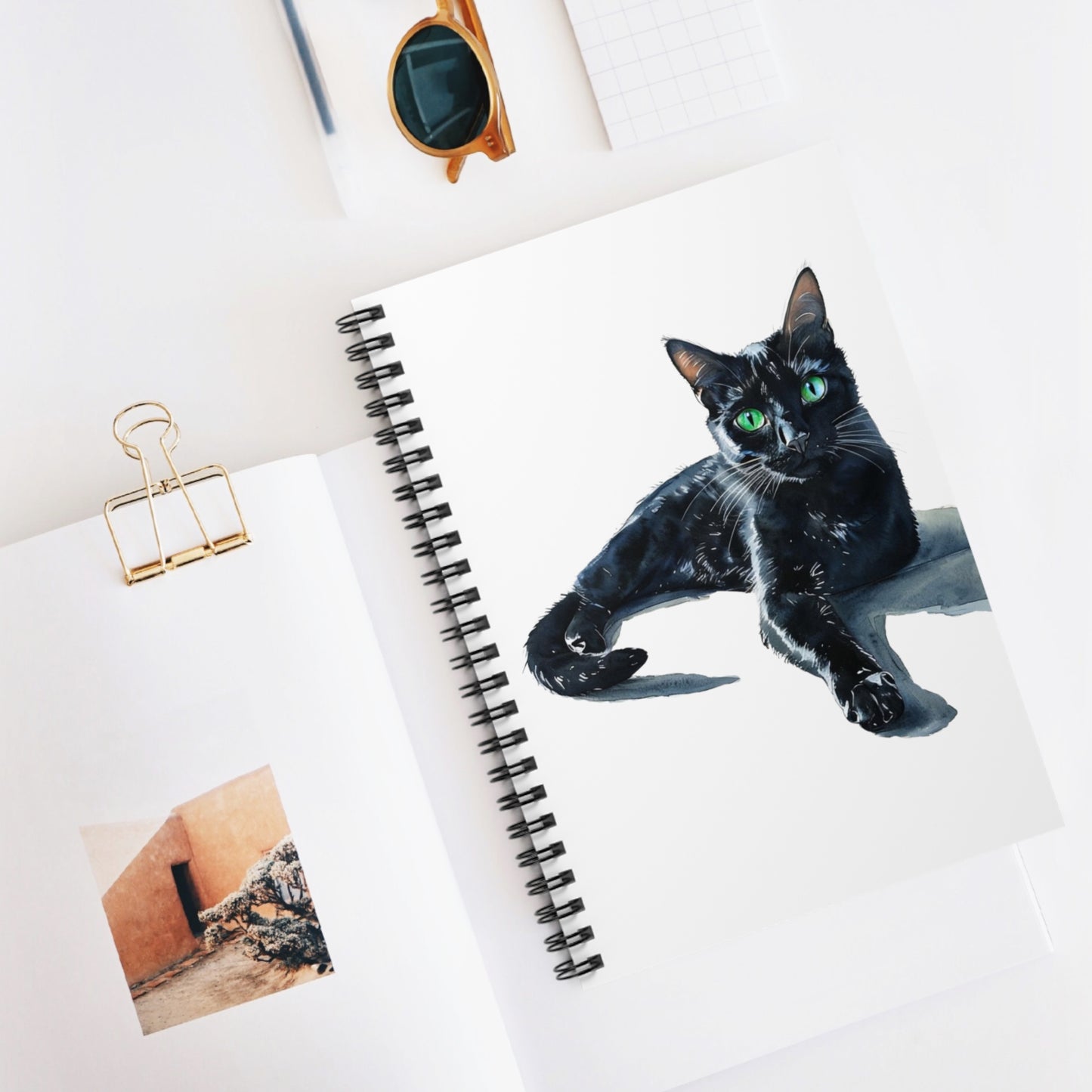 Black Cat Spiral Notebook — Green-Eyed Cat Ruled Journal