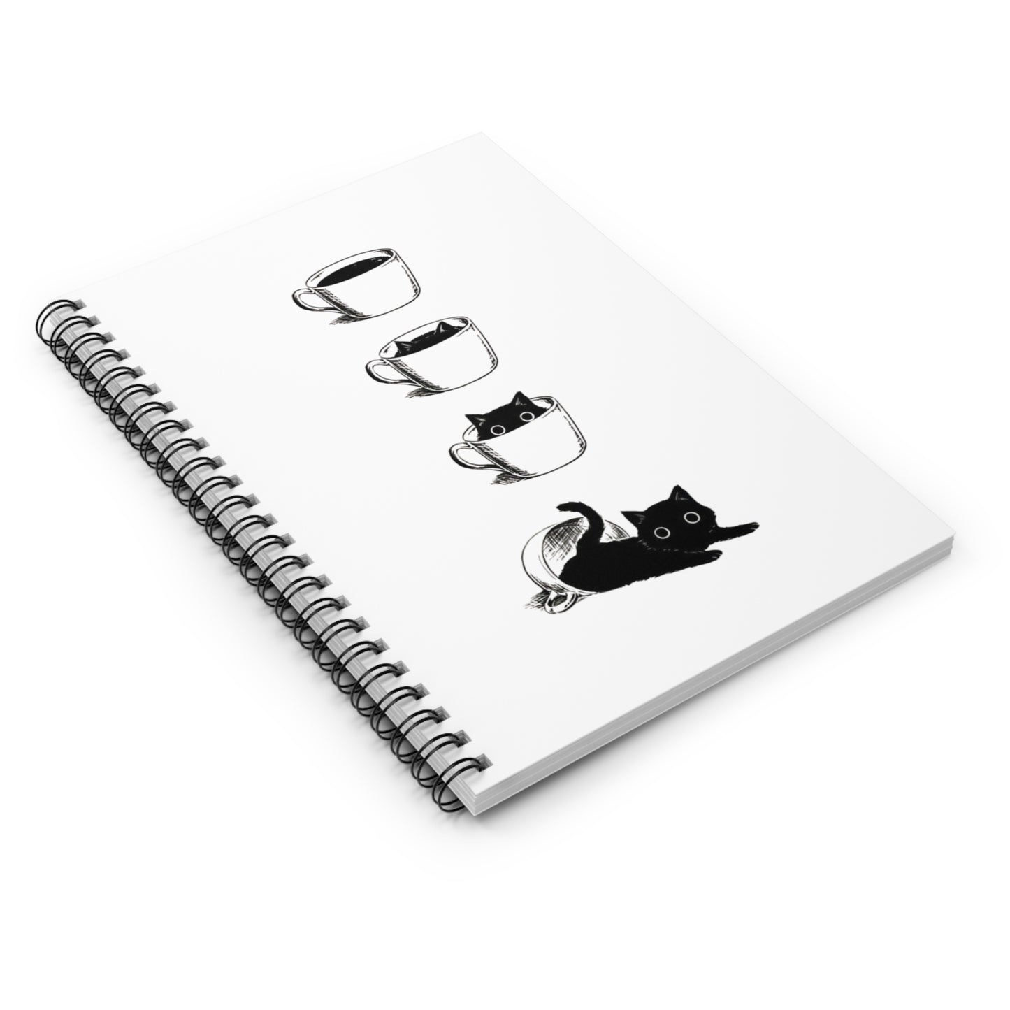 Cat and Coffee Spiral Notebook — Cute Black Cat in Coffee Cups, Ruled Journal