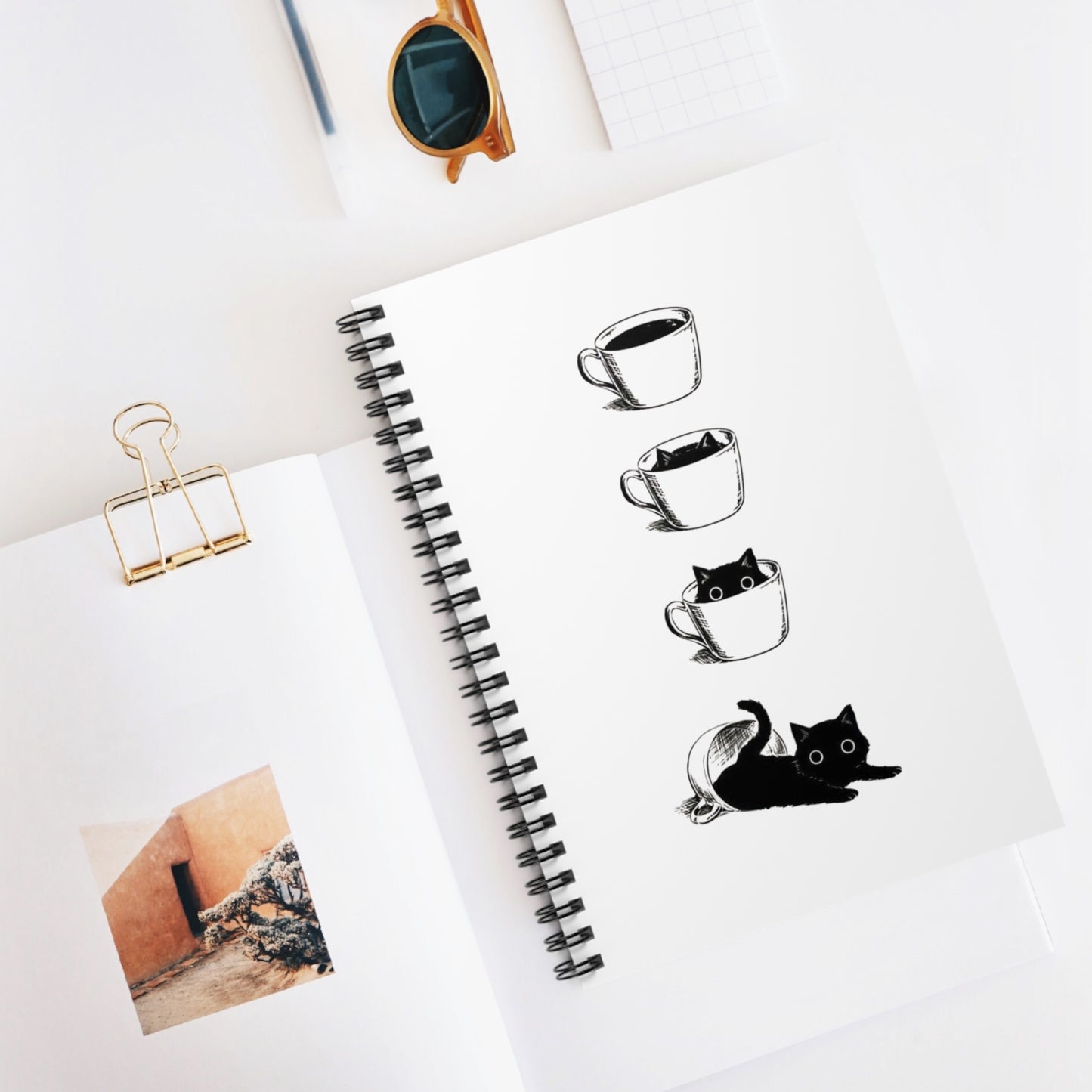 Cat and Coffee Spiral Notebook — Cute Black Cat in Coffee Cups, Ruled Journal