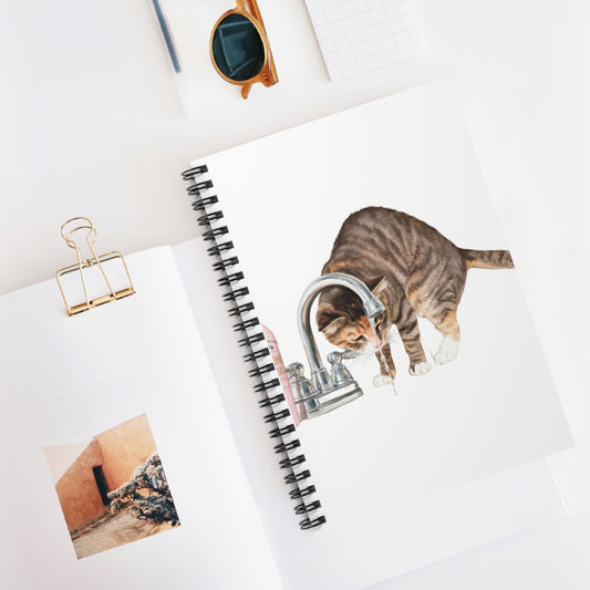 Cat at Faucet Spiral Notebook — Cute Tabby Calico Cat Drinking Water on Sink Ruled Journal