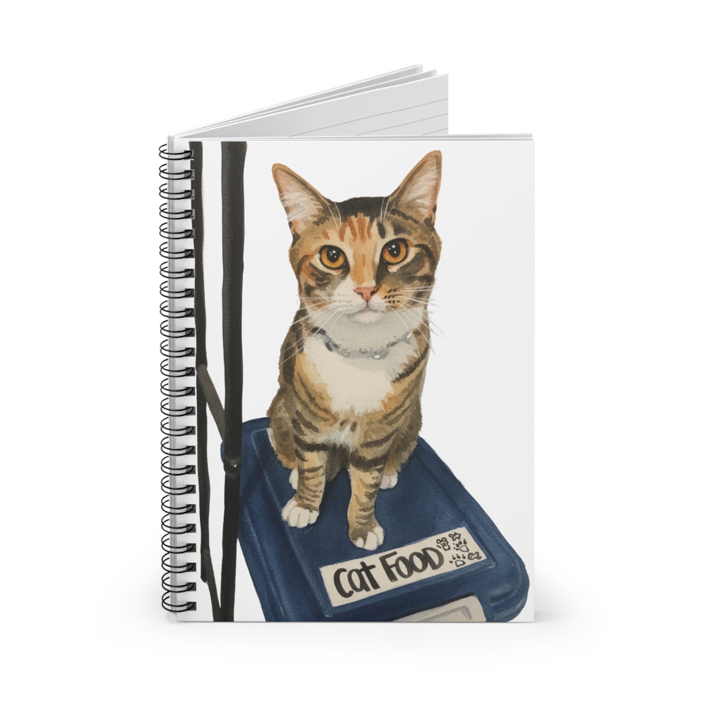 Cat on Food Container Spiral Notebook — Cute Tabby Calico Cat Journal, Gift for Cat Lovers