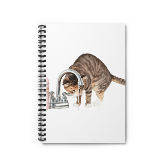 Cat at Faucet Spiral Notebook — Cute Tabby Calico Cat Drinking Water on Sink Ruled Journal