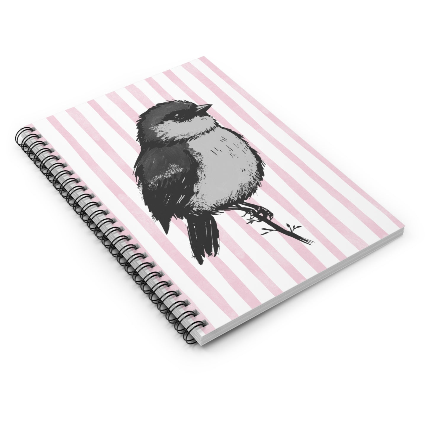 Chickadee Sketch Spiral Notebook — Pink Striped Ruled Journal