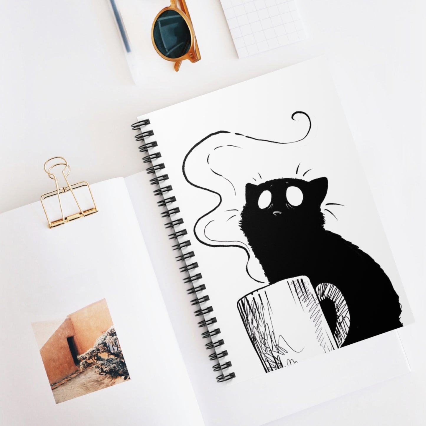 Cat Needs Coffee Spiral Notebook — Cute Black Cat Illustration Ruled Journal