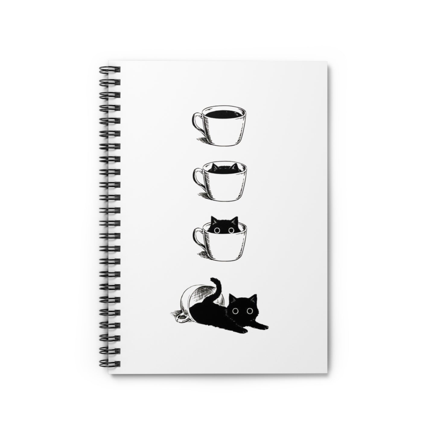Cat and Coffee Spiral Notebook — Cute Black Cat in Coffee Cups, Ruled Journal