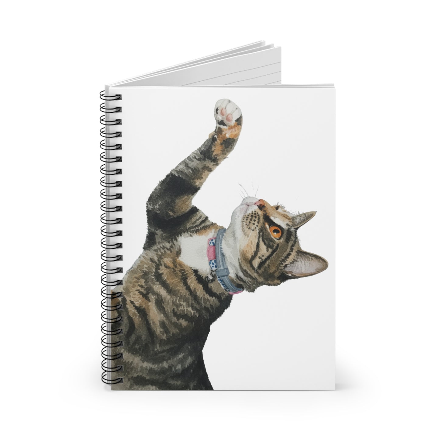 Cat Pawing Notebook — Playful Calico Tabby Cat Spiral Ruled Journal