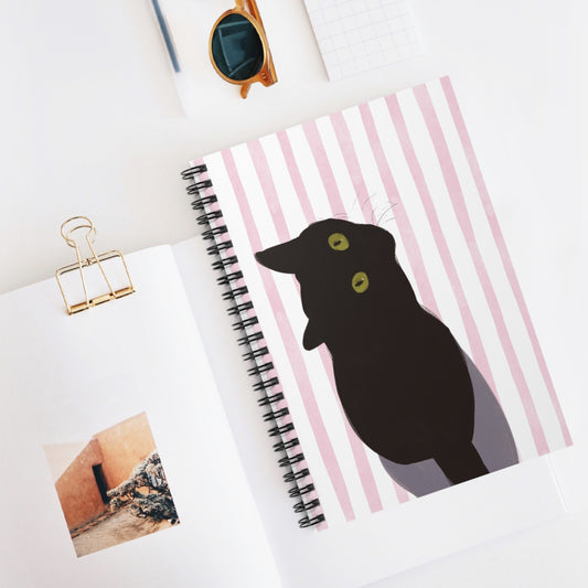 Black Cat Notebook — Spiral Ruled Journal with Pink Stripes