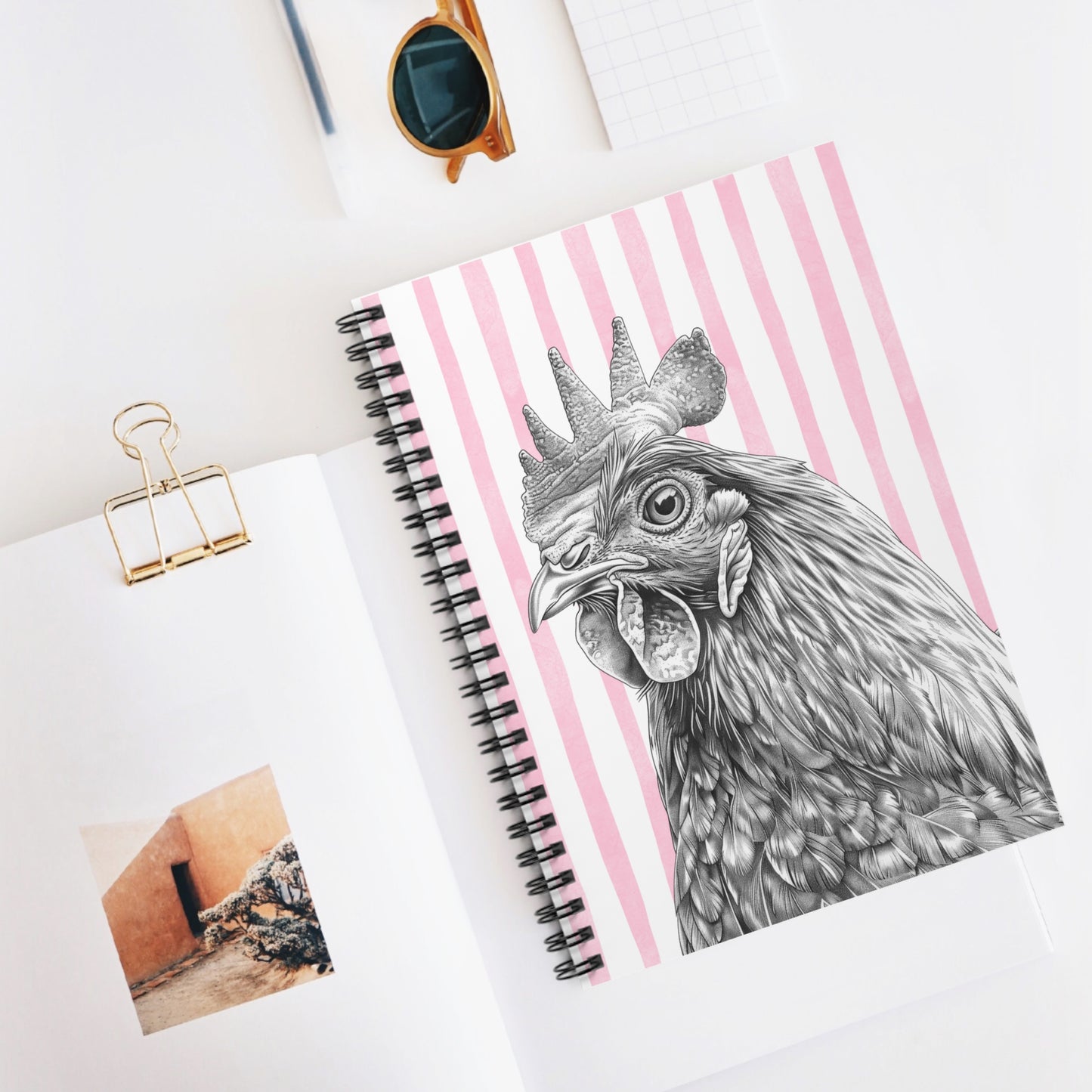 Chicken Sketch Spiral Notebook — Ruled Journal with Pink Stripe Cover