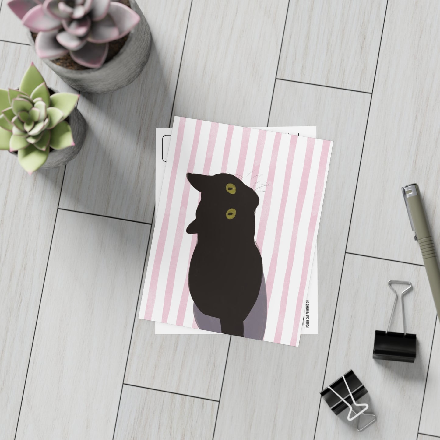 Black Cat Watercolor Pink Stripes Postcard Bundles (envelopes included)
