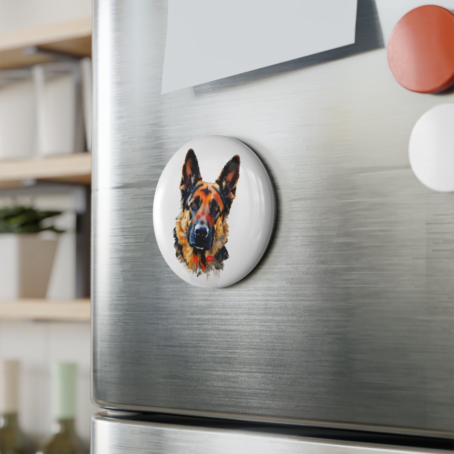 German Shepherd Love Round Button Magnet — Cute Kissed Spaniel Fridge Magnet